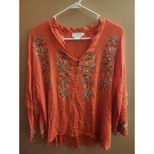 Tru Luxe Jeans Peasant Top Pullover Coral Floral Embroidered Hippie Retro Size L